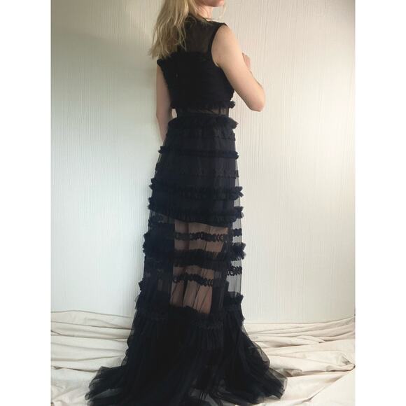 WHOLE 9 YARDS Black Tulle Ruffled Sheer Maxi Formal Gown SMALL - Picture 3 of 12